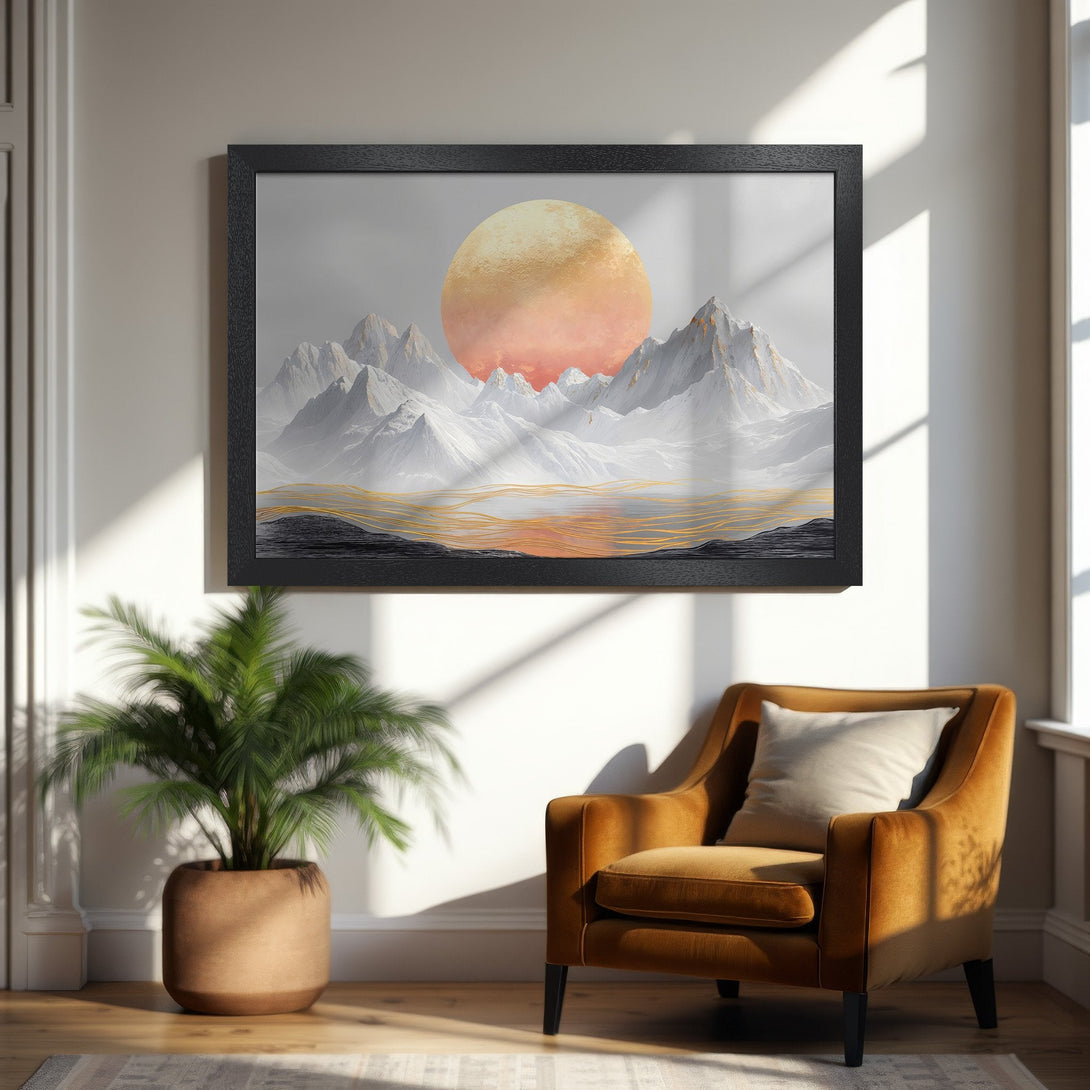 Framed Poster featuring a mountain landscape with a warm sunset. Modern art style, neutral and warm color palette. Perfect wall decor.