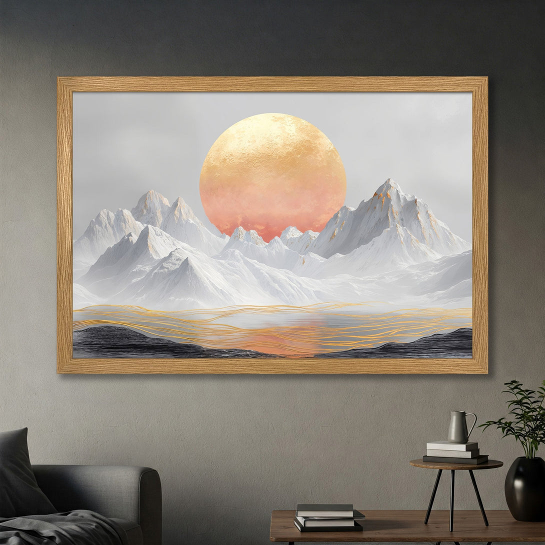 Framed Poster featuring a mountain landscape with a golden sun, minimalist style, and a neutral color palette. Perfect wall art!