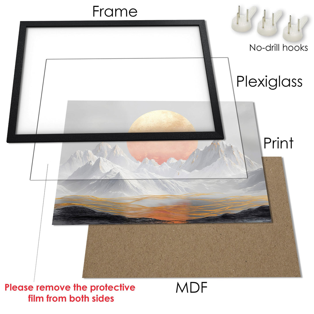 Framed Poster featuring a serene landscape with a sunset, in a minimalist style with a warm color palette. Perfect wall art!