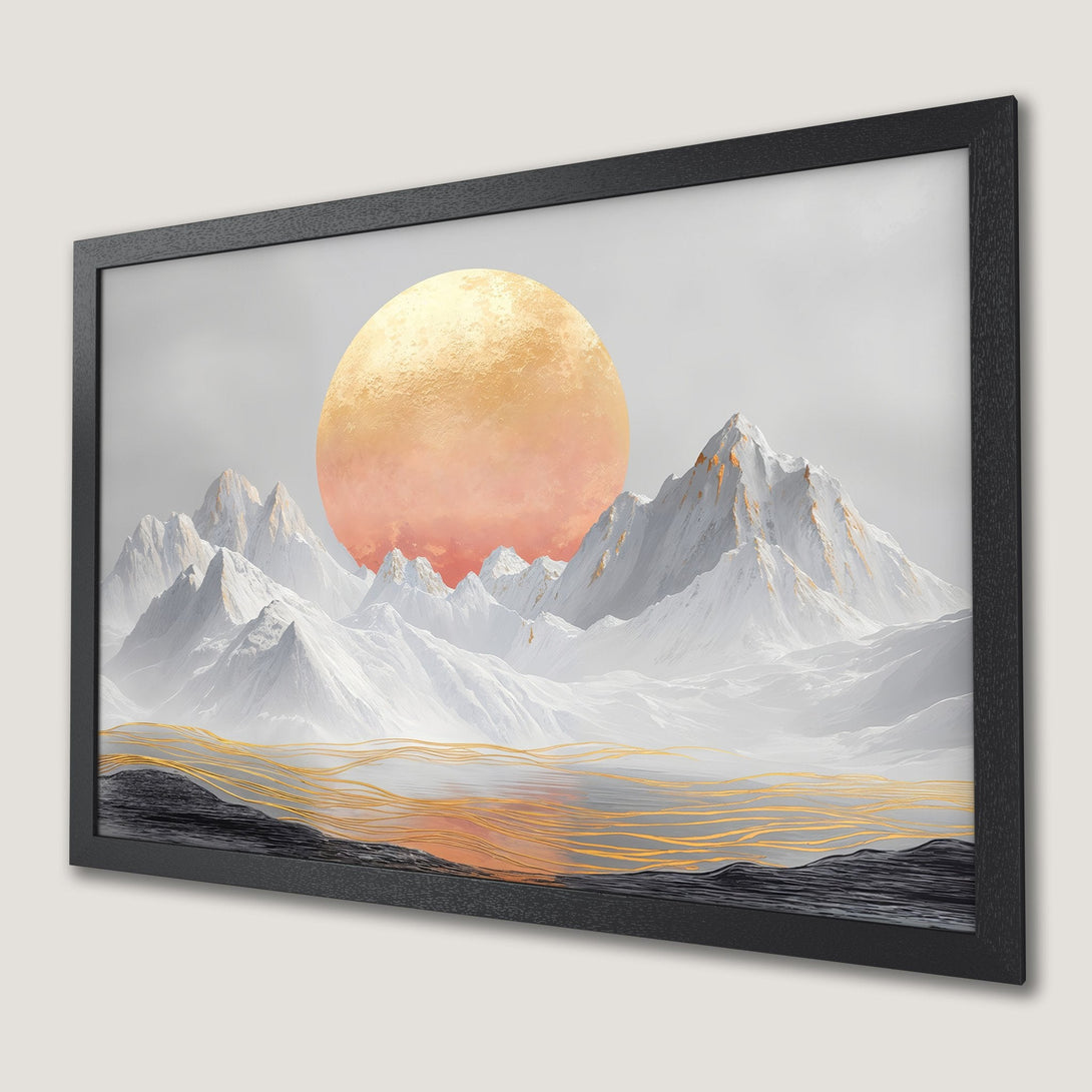Framed Poster of a mountain landscape with a sun, modern style, warm color palette.
