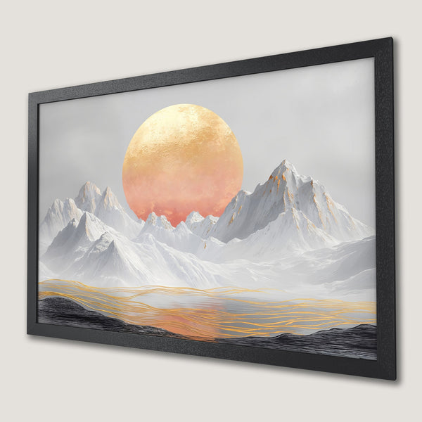 Framed Poster of a mountain landscape with a sun, modern style, warm color palette.