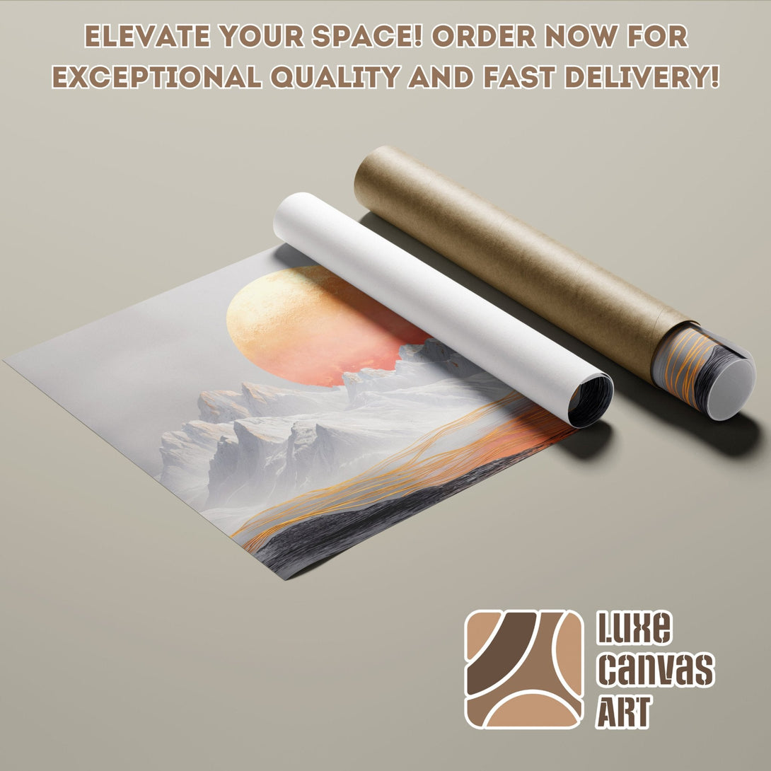 Abstract landscape poster roll in neutral tones with orange accents. Elevate your space today!