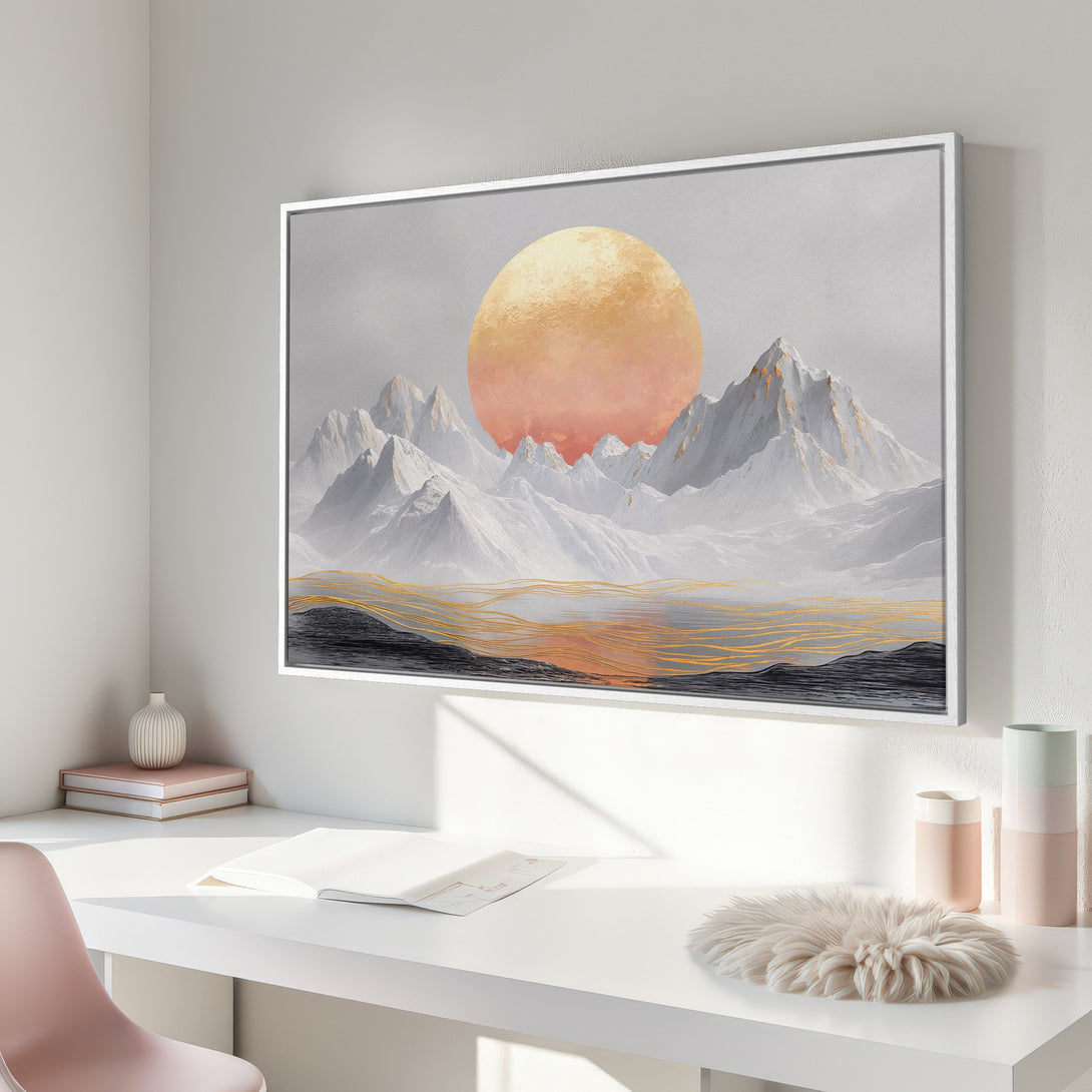 Framed Wall Art: Abstract mountain landscape with a sunset in a modern style. Features a neutral color palette with gold accents. Perfect for any interior.