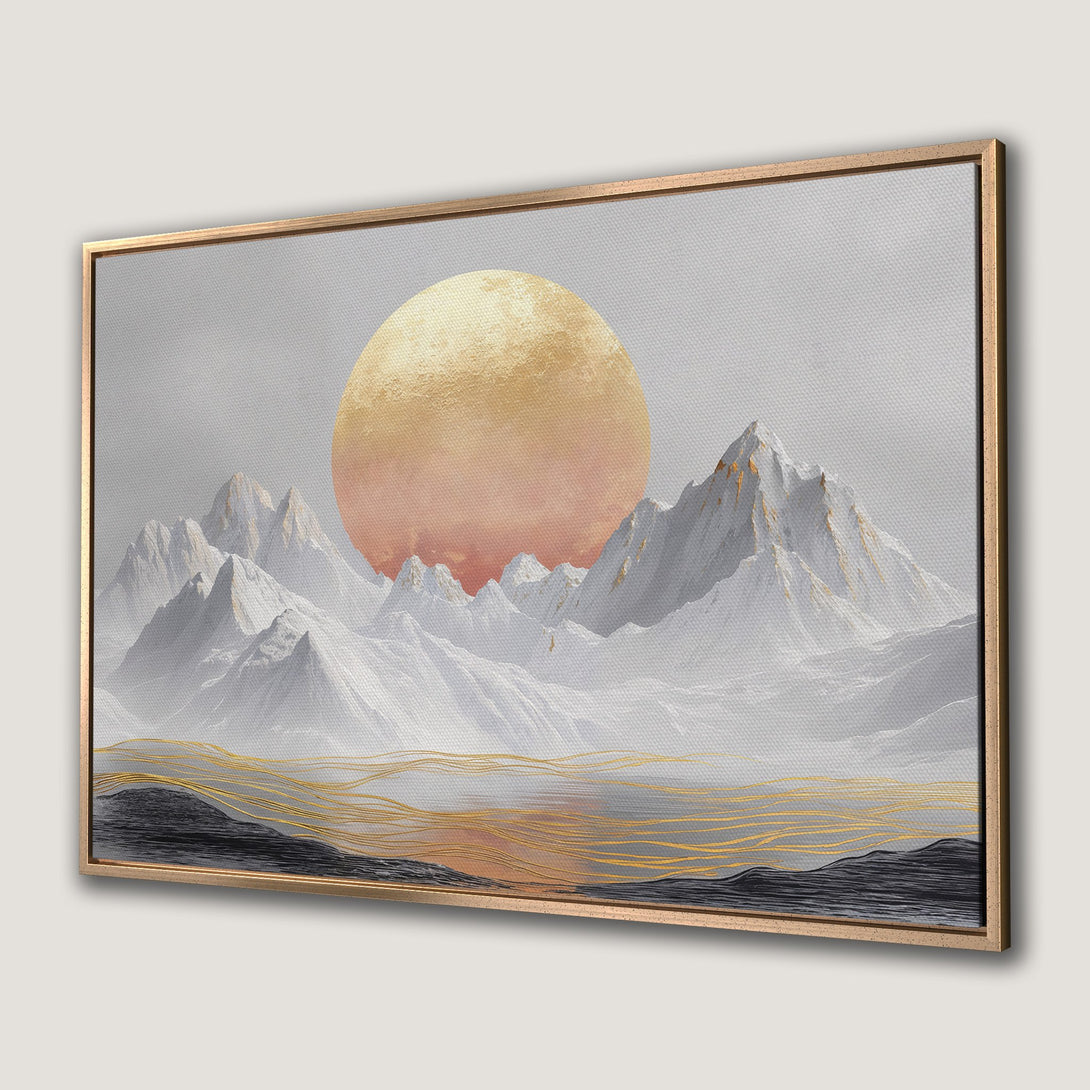 Framed Wall Art: Abstract mountain landscape with gold accents and a warm color palette. Modern canvas print for stylish home decor.