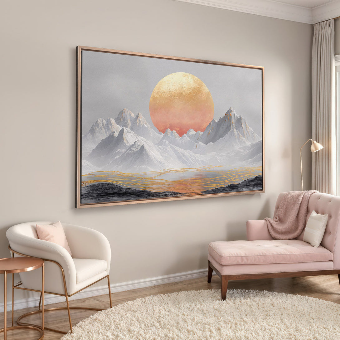Framed Wall Art: Abstract mountain landscape Canvas Print with warm sunset colors. Modern art for living room decor.