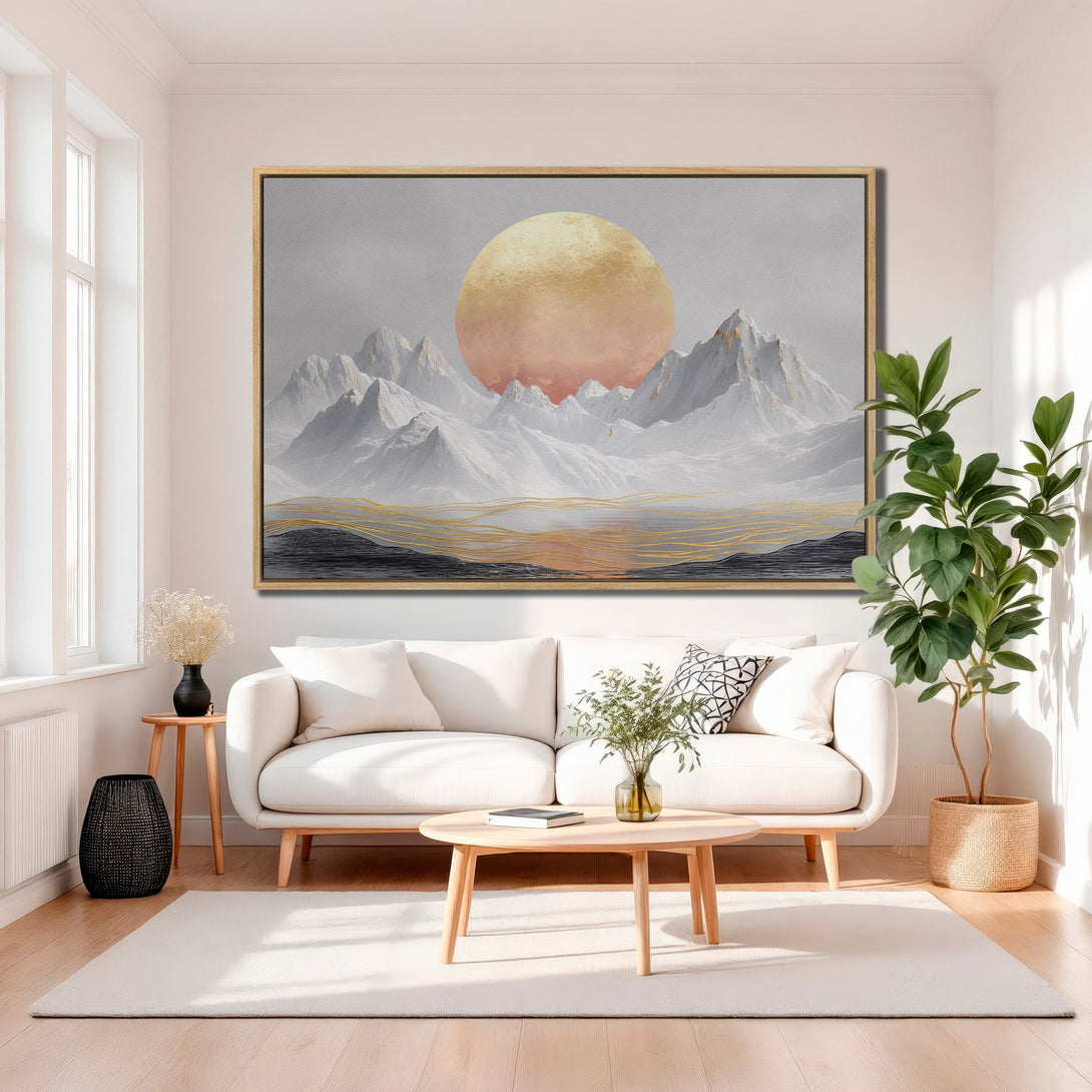 Framed Wall Art featuring a mountain landscape with a warm color palette. Modern abstract style canvas print adds a touch of elegance to any living room.