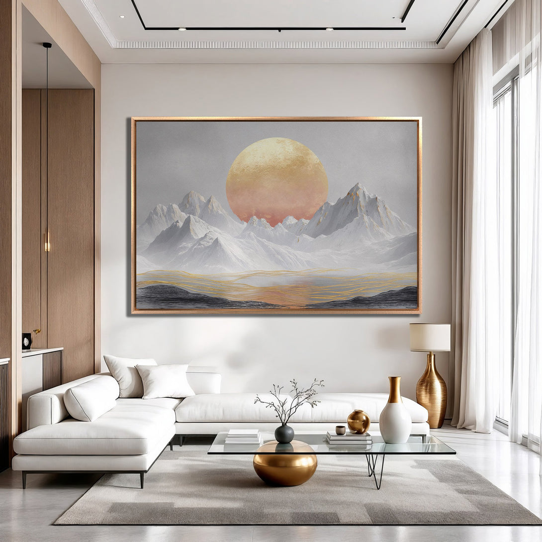 Framed Wall Art: Abstract mountain landscape in muted tones. Modern, minimalist design with gold accents. Perfect for adding a touch of elegance to your home.
