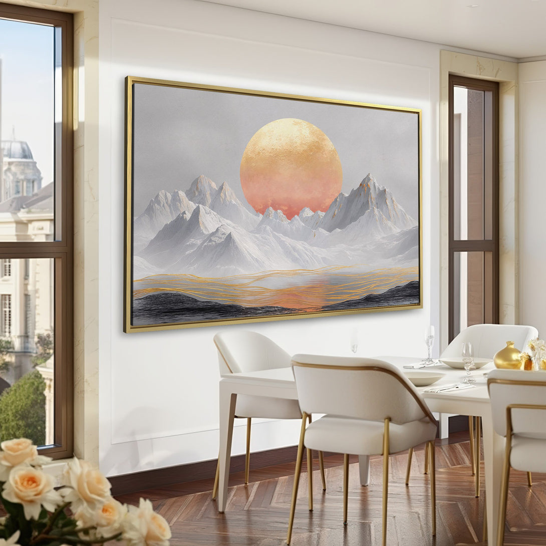 Canvas Print of a sunset mountain landscape in a classic interior. Features a gray, gold, and orange color palette. Perfect for home decor.