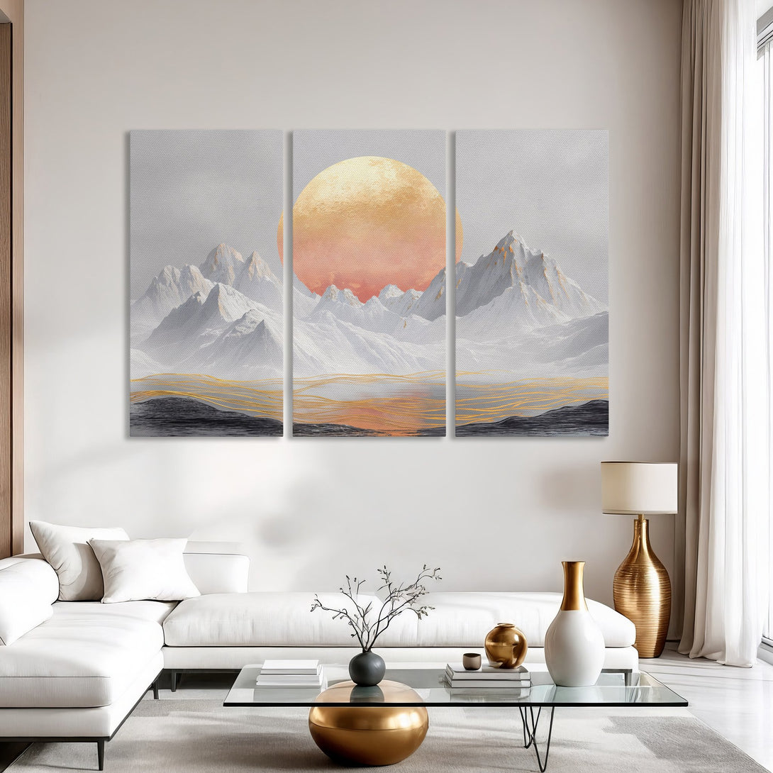 Abstract mountain Canvas Print with a warm sunset, featuring a neutral color palette with gold accents, perfect for modern home decor.