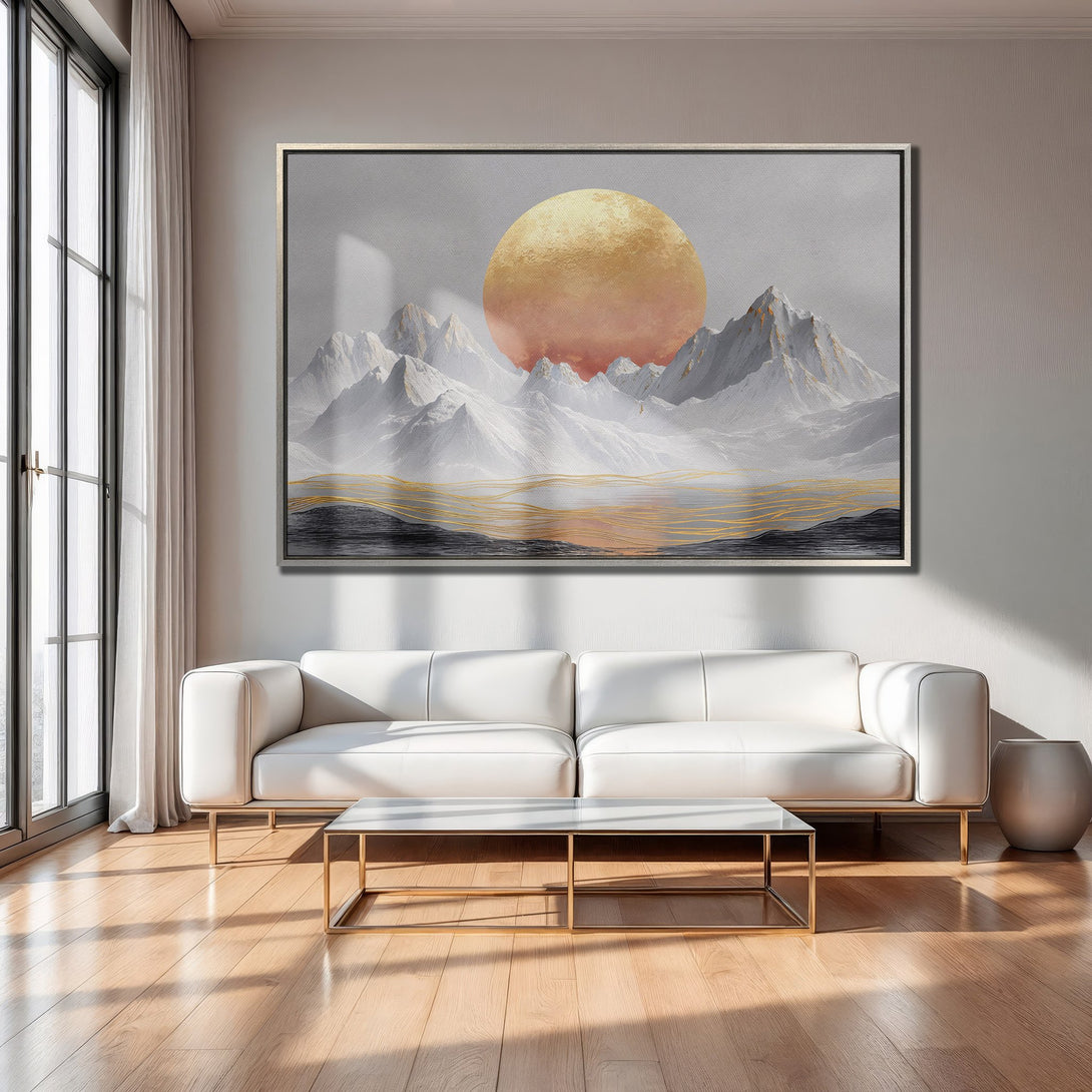 Framed Wall Art: Abstract mountain landscape in neutral tones with gold accents. Modern art canvas print perfect for living room decor.