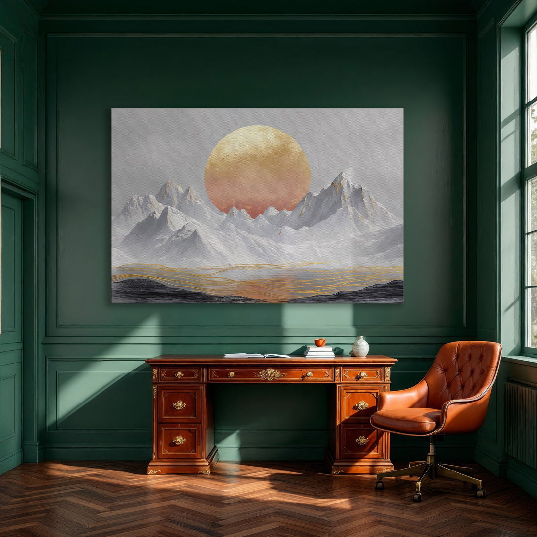 Framed Wall Art of mountain landscape with sunset. Modern style, neutral & gold color palette. Perfect for elegant home decor.