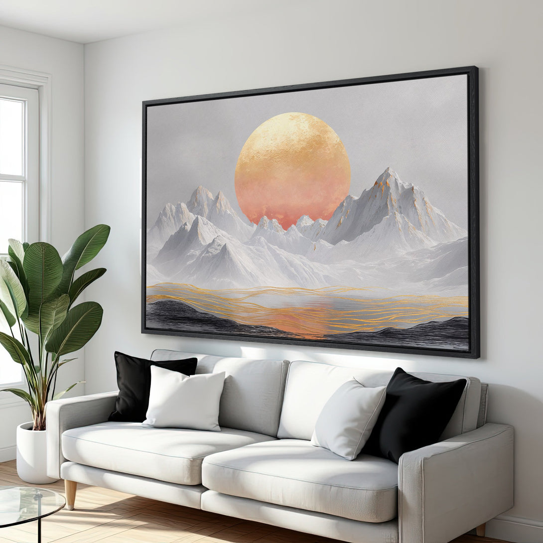 Framed Wall Art: Abstract mountain landscape Canvas Print in a modern interior. Features a warm, sunset color palette with gold accents. Perfect for living rooms!