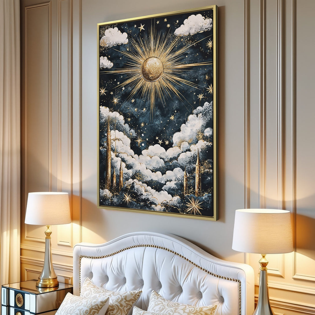 Celestial Canvas Print with gold accents, a dreamy art piece in a dark blue and gold color palette, perfect for any space.