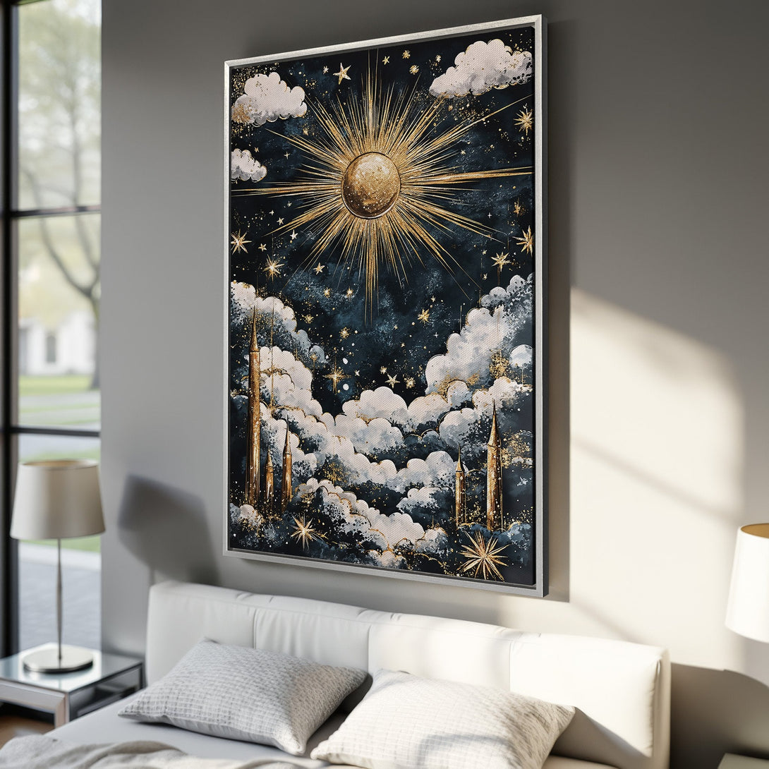 Framed Wall Art: Celestial sun and cloud design in navy, gold, and white. Modern art canvas print for bedroom decor. Elevate your space!