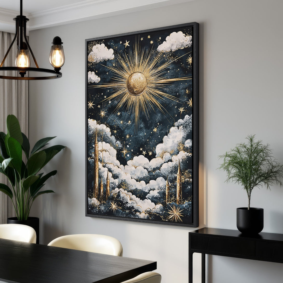 Framed Wall Art featuring a celestial landscape with gold accents. Moody, dark blue and gold color palette. Perfect for adding a touch of luxury to your home.