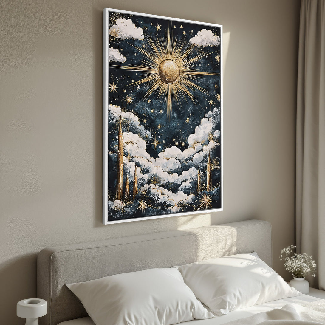 Framed Wall Art: Celestial-themed canvas print. Dark blue, gold, and white art with sun, stars, and clouds. Perfect for bedroom decor.