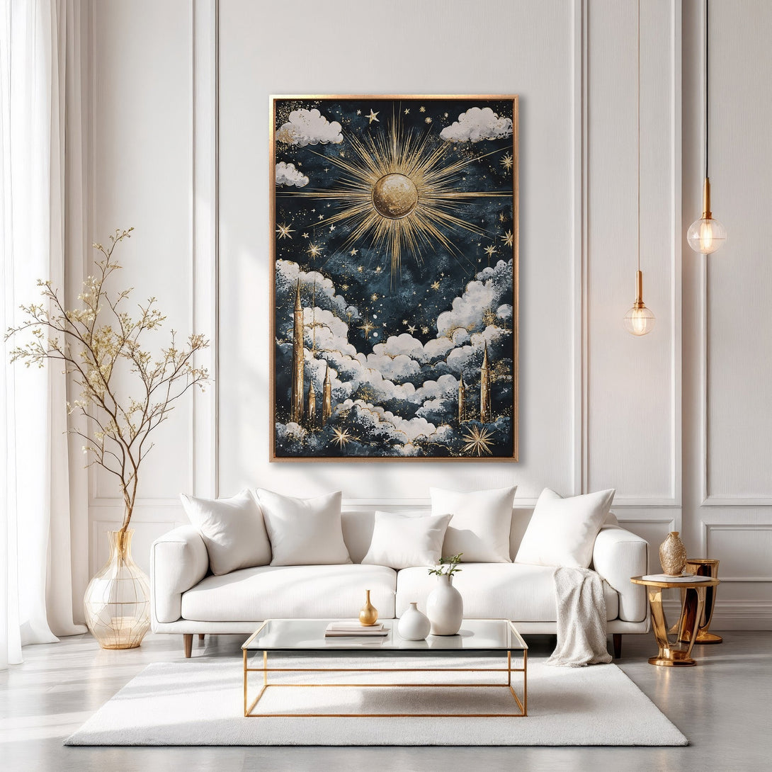 Framed Wall Art: Celestial sun and cloud painting in gold and teal. Modern art adds elegance to any living room. Shop now for stylish home decor!