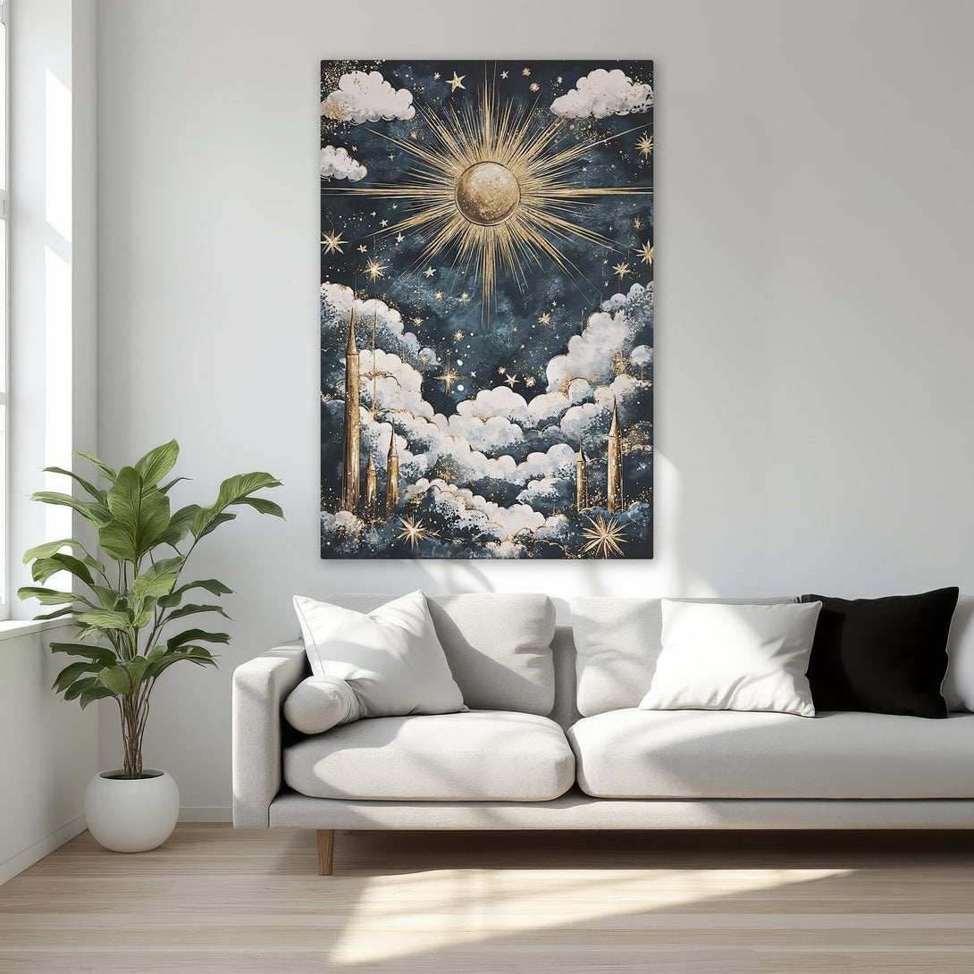 Framed Wall Art: Celestial sun and starburst design in a dark blue and gold palette. Perfect for adding a touch of elegance to your bedroom decor.