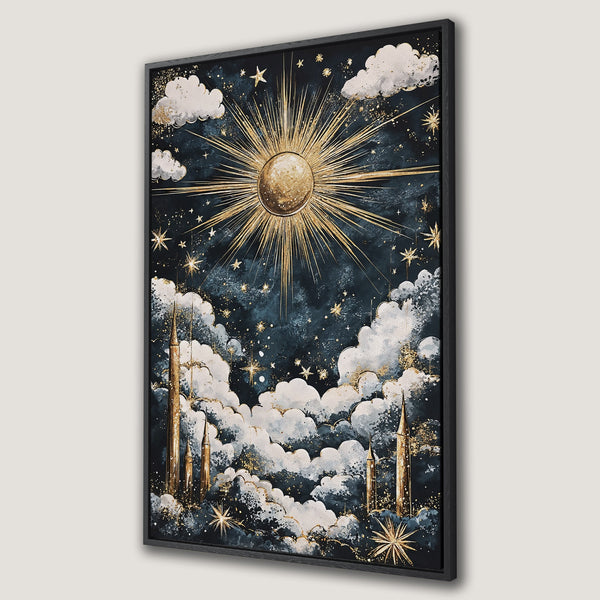 Framed Wall Art: Celestial sun and stars canvas print in a dreamy, watercolor style. Dark blue and gold color palette for a touch of luxury.