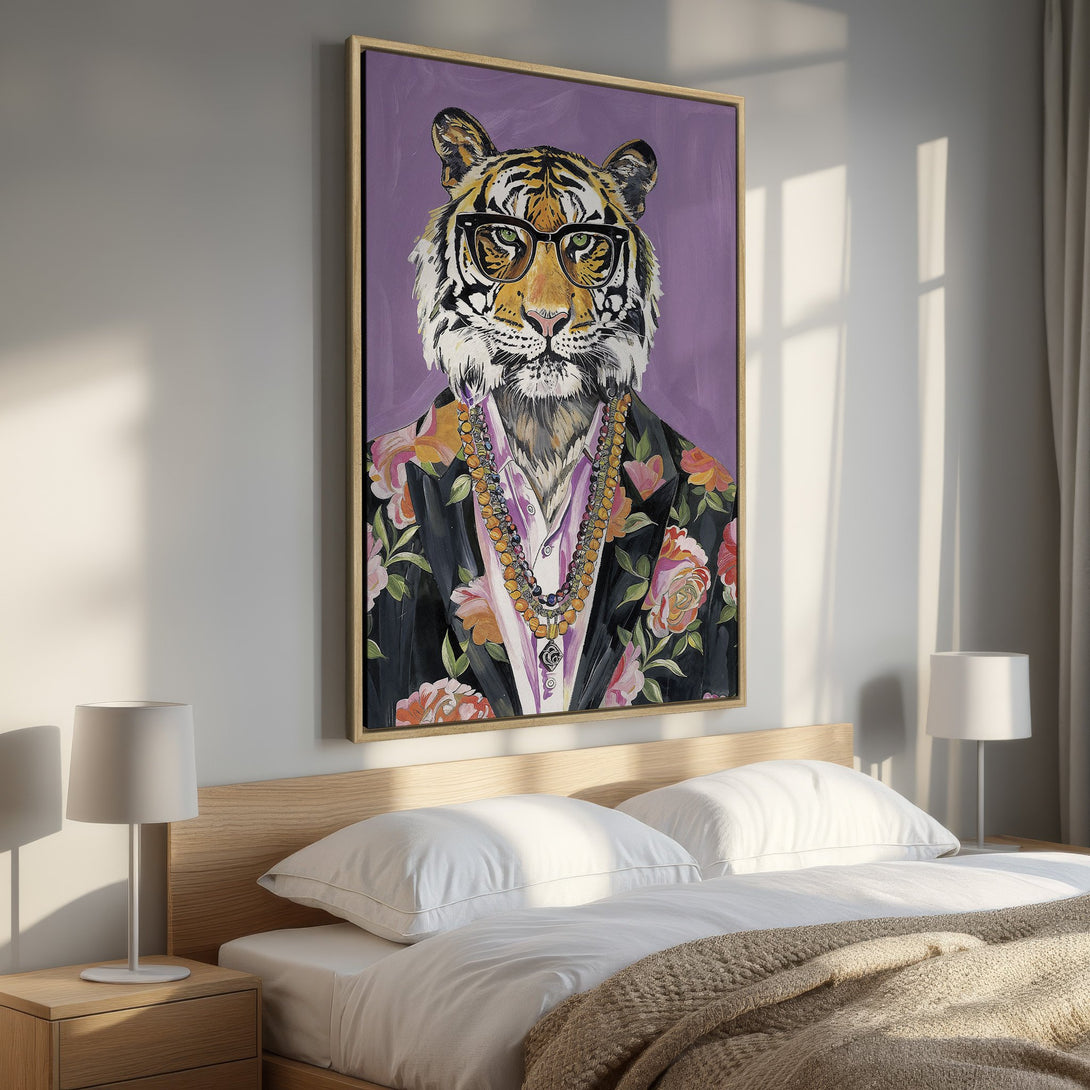 Framed Wall Art: Dapper tiger portrait in a floral jacket, vibrant colors. Perfect for adding personality and style to your bedroom decor!