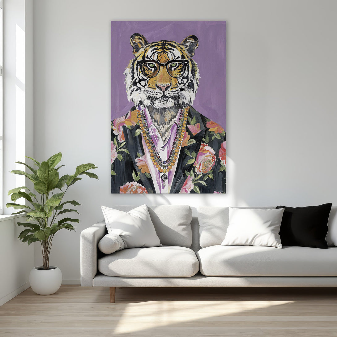 Framed Wall Art: Stylish tiger portrait in a floral blazer with a purple background. Modern art in a bedroom setting. Elegant decor with a vibrant color palette.