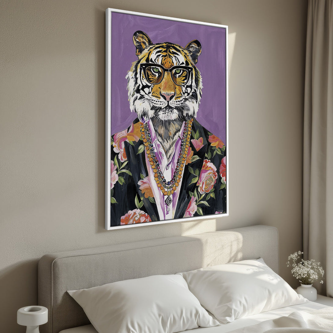 Framed Wall Art of a dapper tiger in a floral jacket, set against a purple background. Colorful, whimsical style, perfect for adding personality to any room.