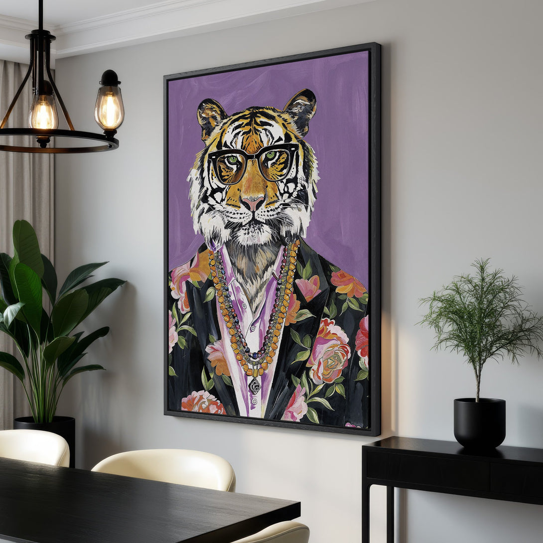 Framed Wall Art: Stylish tiger portrait with glasses & floral jacket. Modern art with a purple and floral color palette. Perfect for home decor.