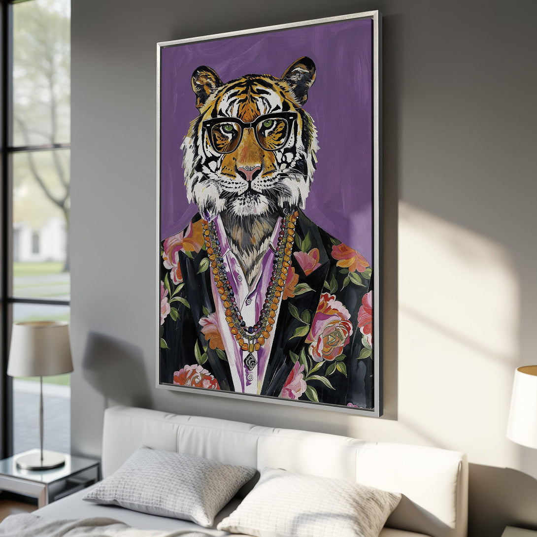 Framed Wall Art: Hipster tiger portrait with floral jacket, purple background. Stylish, colorful canvas print for modern home decor.