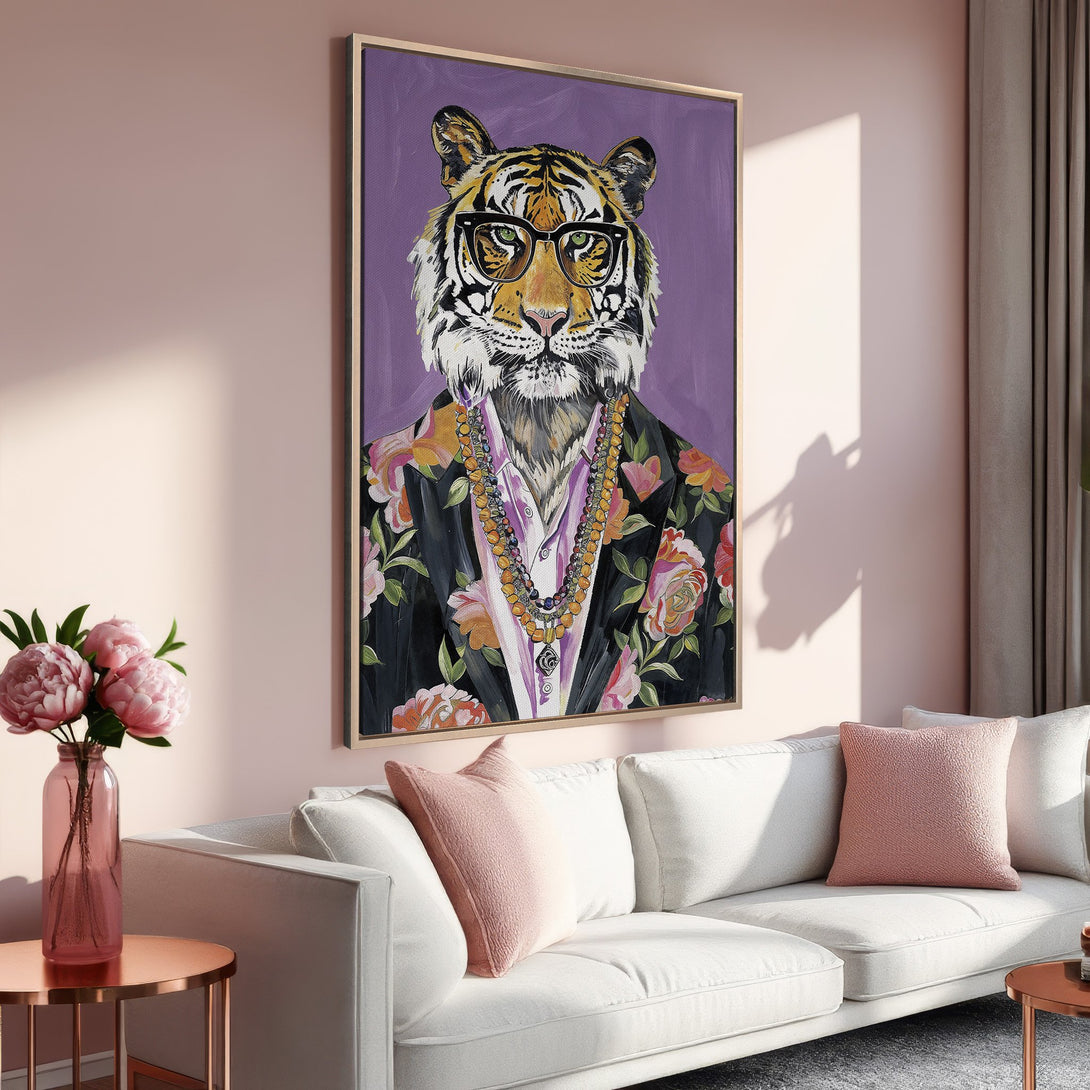 Framed Wall Art: Stylish tiger portrait in a floral suit. Modern art with a pink and purple color palette, perfect for living room decor.