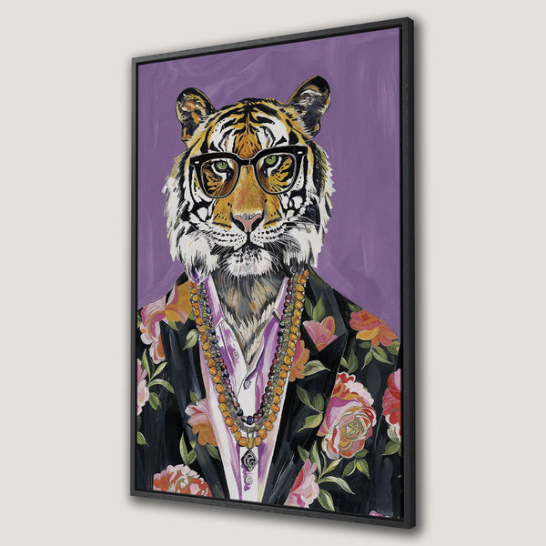 Framed Wall Art featuring a stylish tiger wearing glasses and a floral jacket. Vibrant colors on a purple background. Perfect for adding personality to any room!