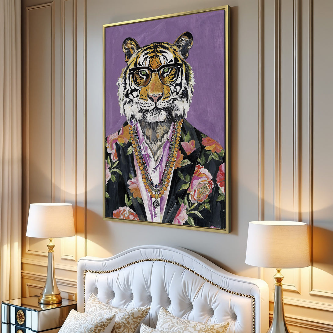 Canvas Print: Hipster tiger art in a vibrant, colorful style. Features a purple background and a floral jacket. Perfect for adding personality to your space!