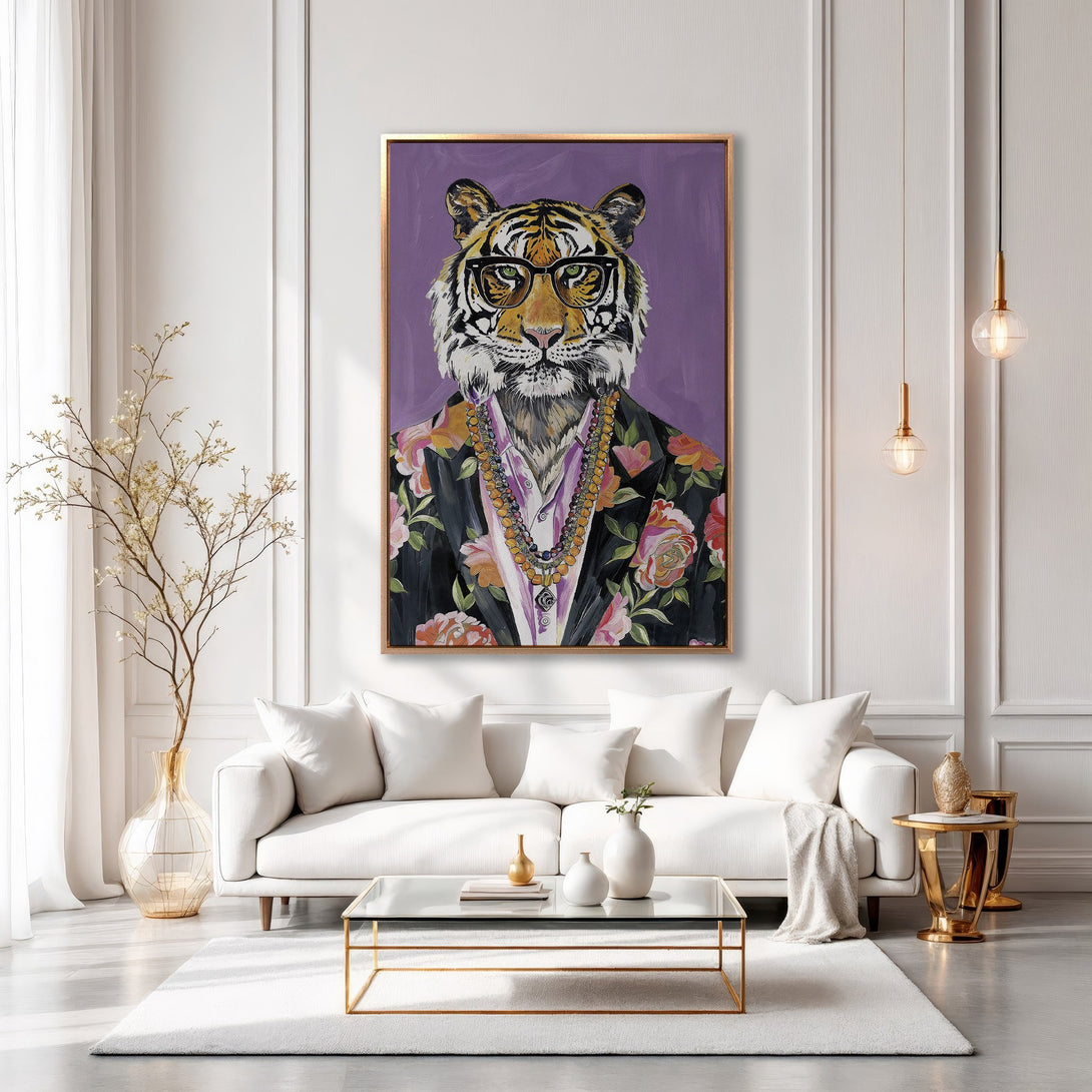 Framed Wall Art of a tiger in a suit, modern style, with a purple and floral color palette, displayed in a living room setting.