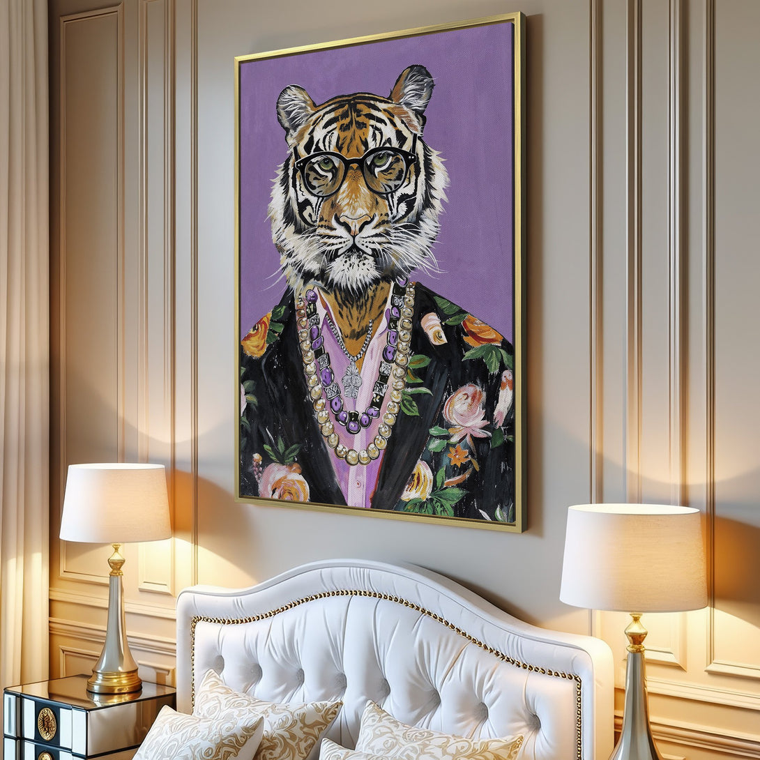 Canvas Print: Dapper tiger portrait in a floral jacket, with a purple background. Stylish wall art with a colorful, modern aesthetic.