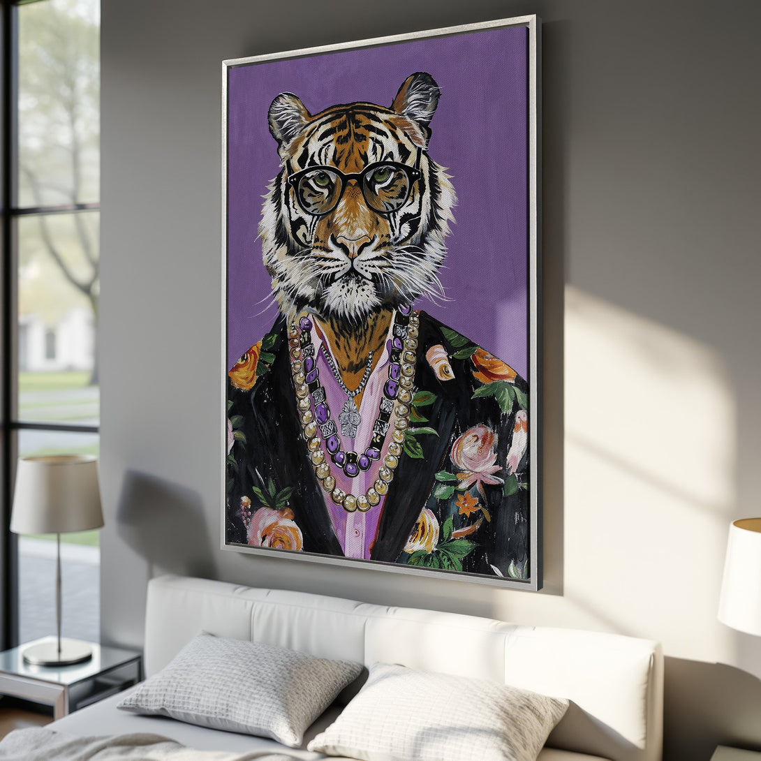 Framed Wall Art: Stylish tiger portrait with glasses, floral jacket, and purple background. Modern art with a vibrant, colorful palette. Elevate your home decor!