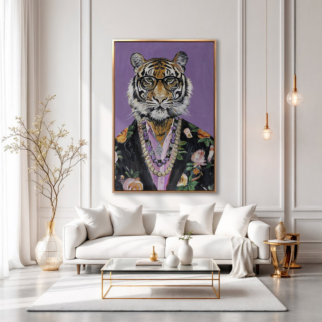Framed Wall Art: Stylish tiger portrait in a floral suit, set against a purple backdrop. Modern art with a gold frame, perfect for adding personality to your space.