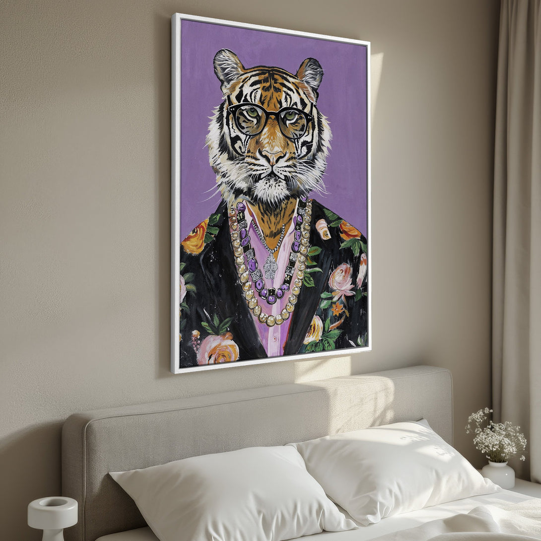 Framed Wall Art featuring a dapper tiger in a floral jacket, set against a purple backdrop. Modern, colorful art for your home decor.