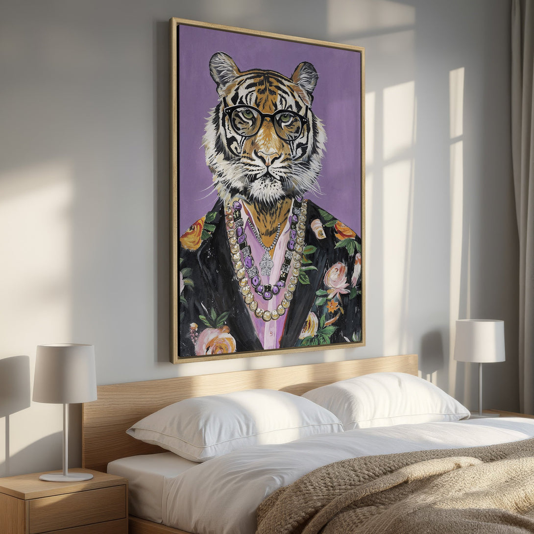 Framed Wall Art: Stylish tiger portrait with glasses, floral jacket, and purple background. Adds a pop of color and personality to any room!