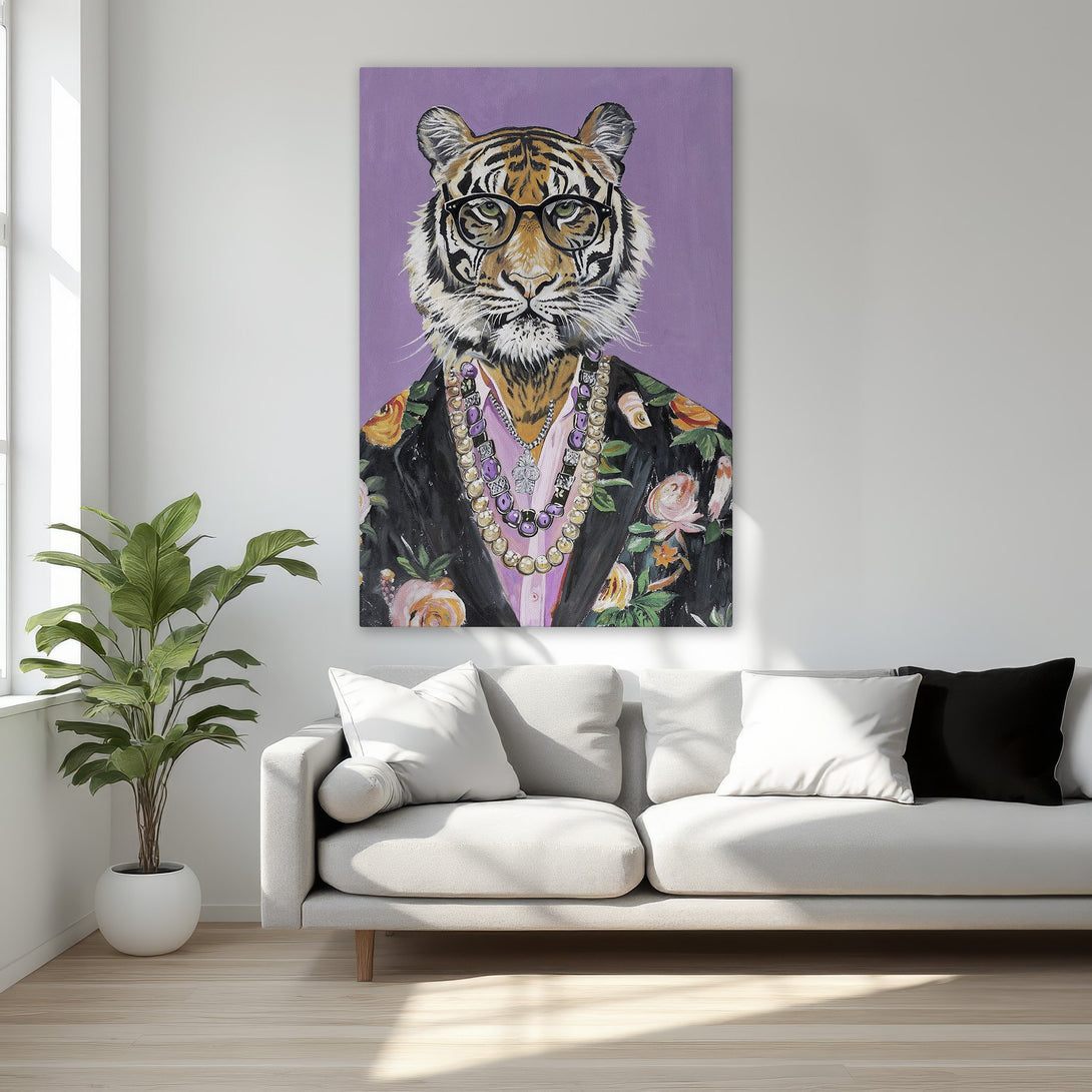 Framed Wall Art: Dapper tiger portrait with glasses, vibrant colors. Modern, stylish canvas print perfect for bedroom decor.