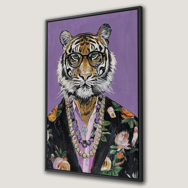 Framed Wall Art: Stylish tiger portrait with glasses and floral jacket. Purple, black, and gold color palette. Perfect for adding a touch of whimsy.