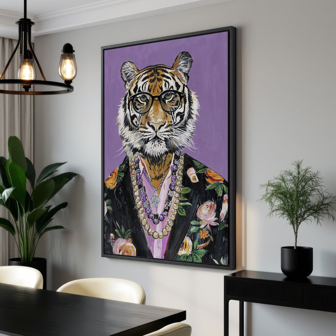 Framed Wall Art: Stylish tiger portrait with glasses & floral jacket, vibrant purple & black color palette. Perfect statement piece for modern home decor.