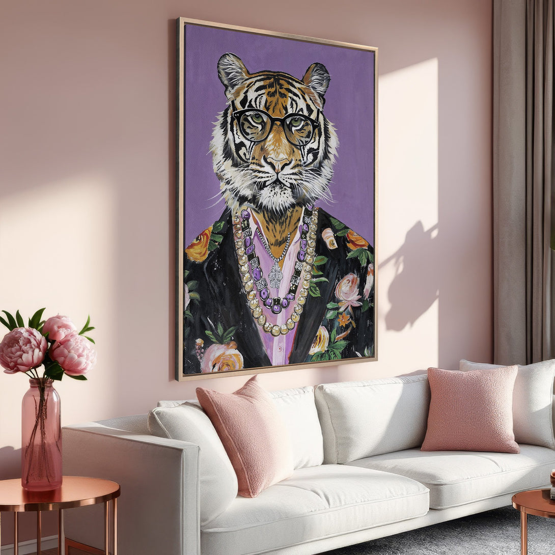 Framed Wall Art: Stylish tiger portrait with glasses, floral jacket, and purple background. Modern art in a pink and gold interior. Elevate your space!