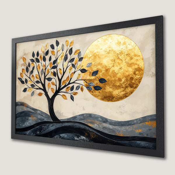 Framed Poster of a golden moon and tree art. Modern style, neutral beige, gold, and black color palette. Perfect wall decor.