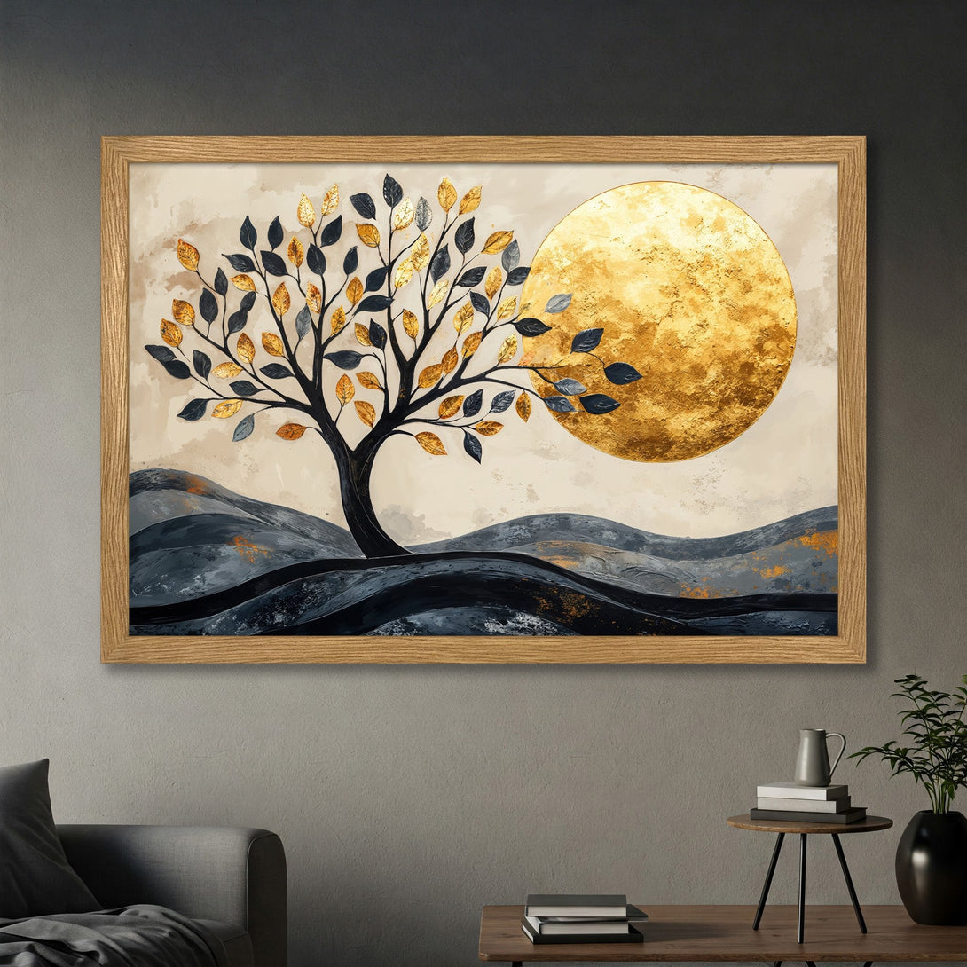 Framed Poster featuring an abstract tree with gold and black leaves, set against a golden sun and dark landscape. Modern art in neutral tones.