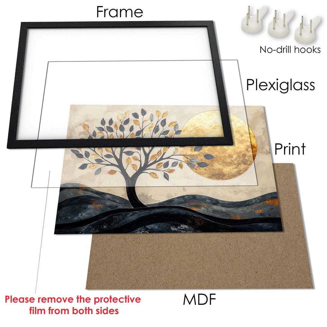 Framed Poster featuring a tree silhouette with gold and gray leaves, set against a neutral background. Modern art with a warm color palette.