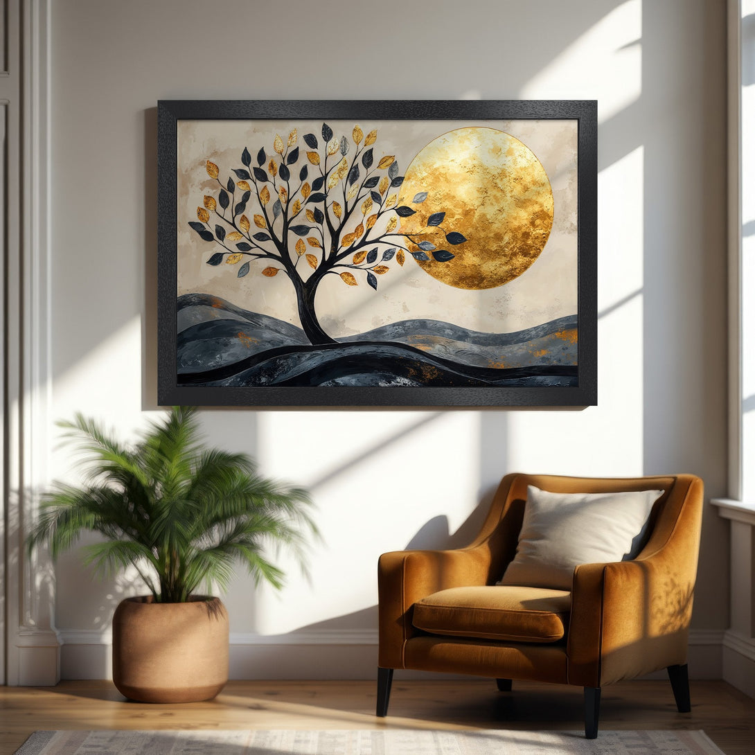 Framed Poster: Abstract tree art with gold accents. Modern style, neutral & gold color palette. Perfect wall decor.