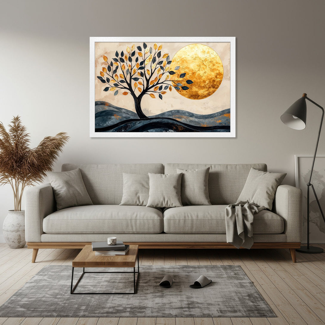 Framed Poster featuring an abstract tree and sun design in gold, black, and beige. Modern art style.