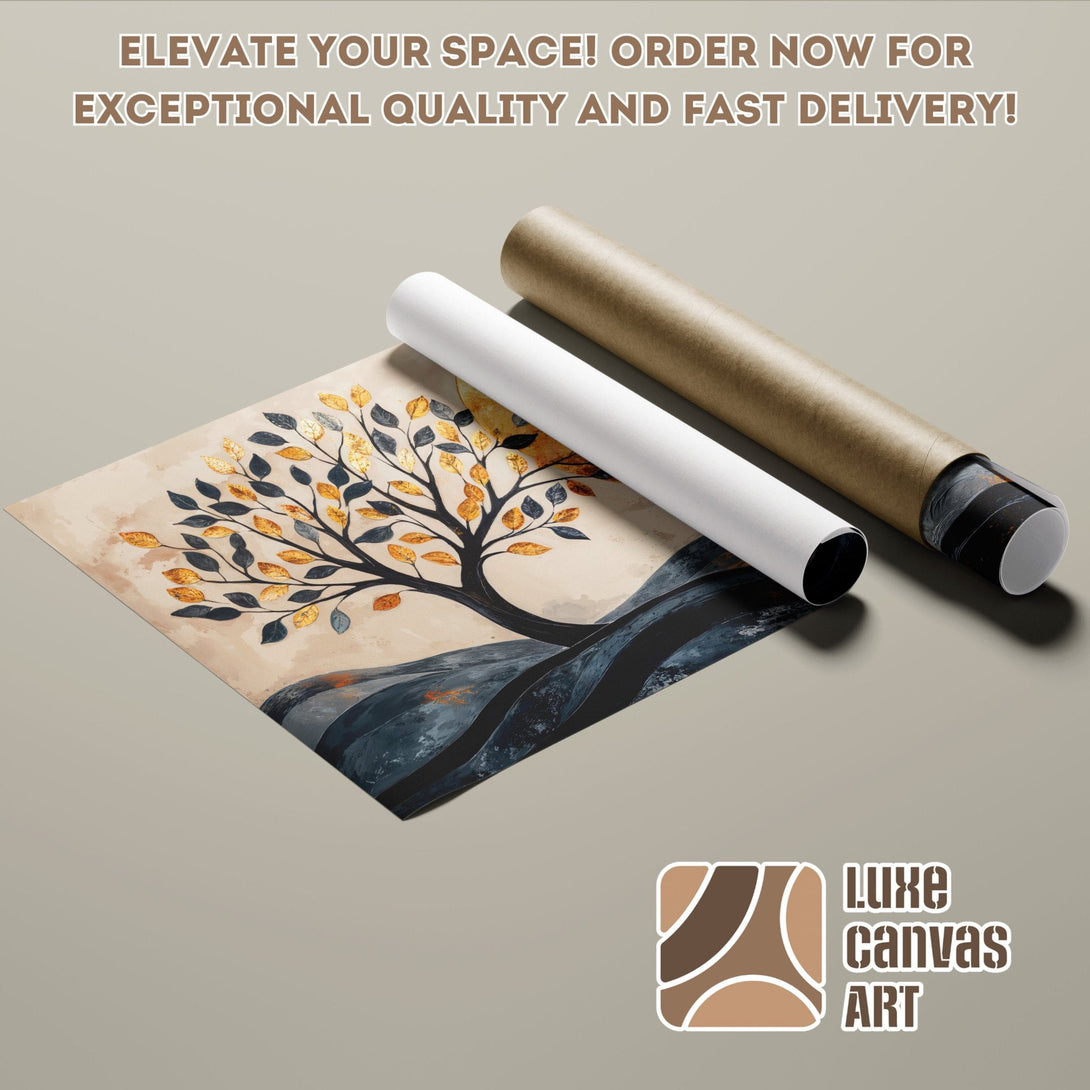 Abstract tree art Poster Roll, neutral tones with gold and navy accents. Elevate your space!