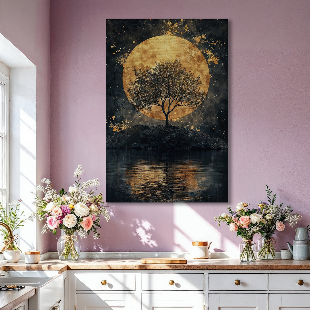 Framed Wall Art featuring a serene tree silhouette against a golden moon. Modern, abstract style with a dark, moody color palette. Perfect for living room decor.