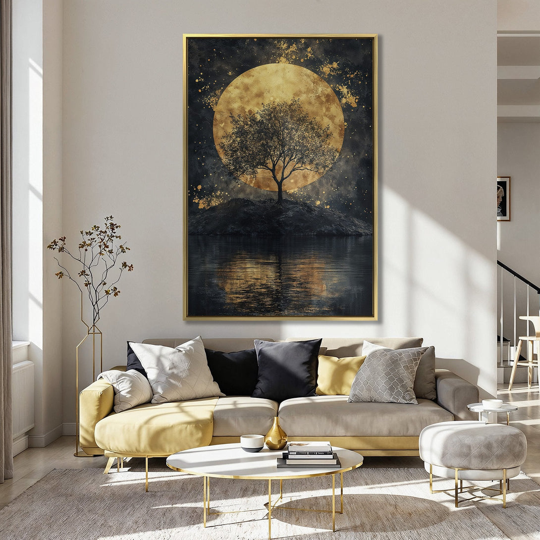 Canvas Print of a tree silhouette against a golden moon, dark and moody art with gold accents, perfect for home decor.