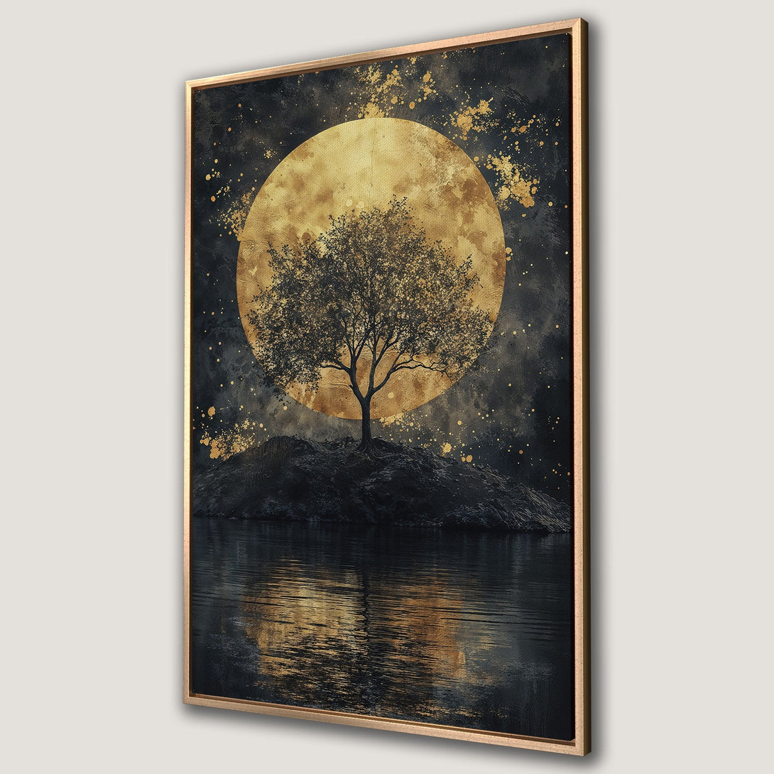 Framed Wall Art featuring a serene landscape with a tree, moon, and water. Moody, artistic style with black, gold, and dark blue color palette. Perfect for any room!